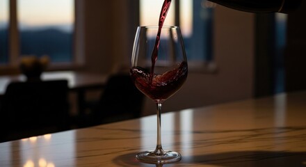 Red wine pouring into a glass, sunset view