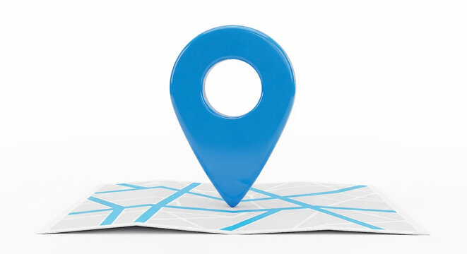Blue map pin marker on folded paper map with light blue lines location marker navigation