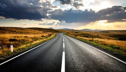 Naklejka premium Winding road through golden hills under dramatic sky