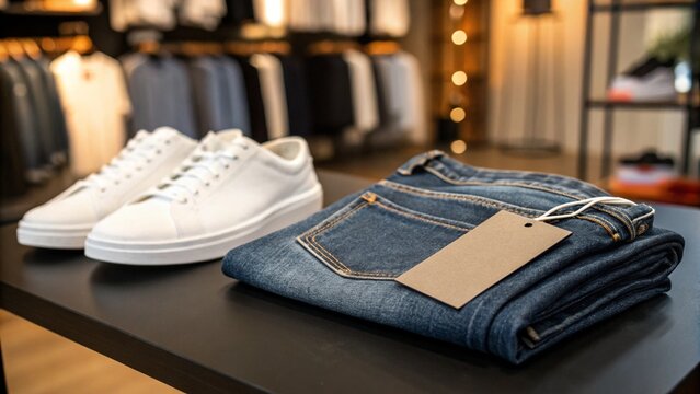 Fashionable jeans and white sneakers on display in a clothing store setting