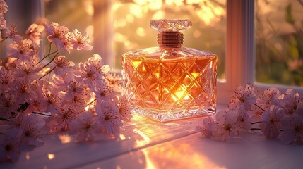 Perfume bottle bathed in golden sunlight, surrounded by blossoms