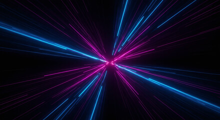 Neon Pink and Blue Light Streaks Exploding from Center on Black Background abstract