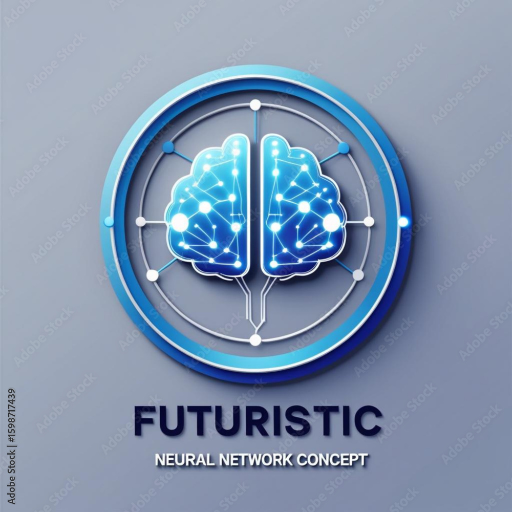 Poster illustration of a brain with connected dots inside a circle representing neural network concept desi