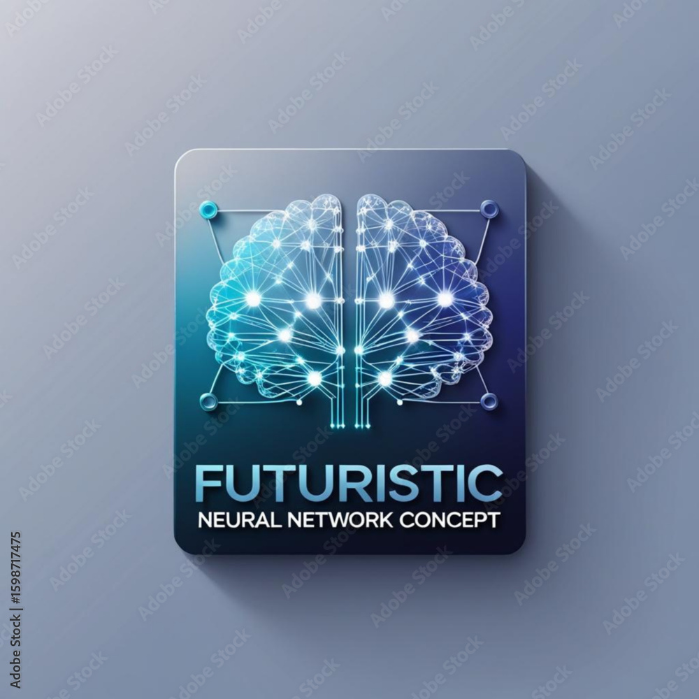 Poster illustration of a stylized brain with connected nodes on a rounded square with futuristic text below