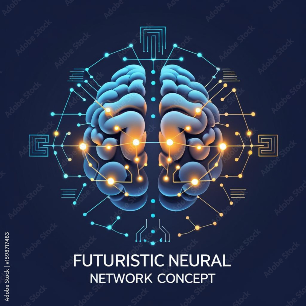Poster illustration of a brain connected to a network with glowing nodes and lines on a gradient background
