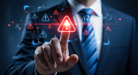 Businessman touching digital screen with red warning alert symbols danger risk