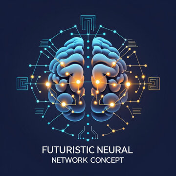 Illustration of a brain connected to a network with glowing nodes and lines on a gradient background design