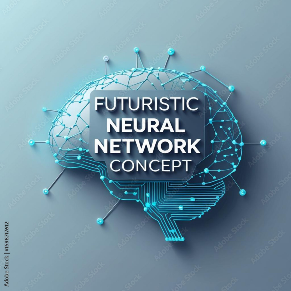 Poster digital representation of brain with glowing connections and futuristic text overlay on a neutral su