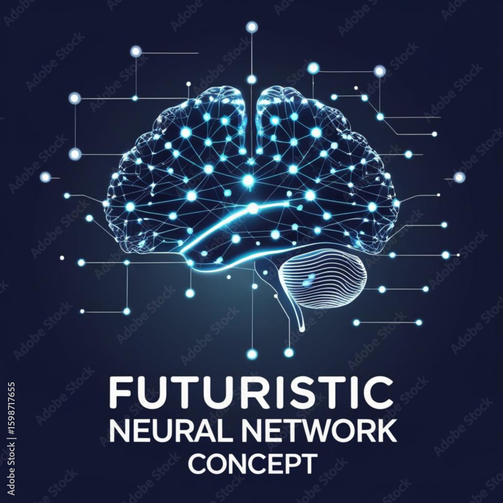 Poster illustration of a neural network with glowing nodes and connections representing artificial intellig