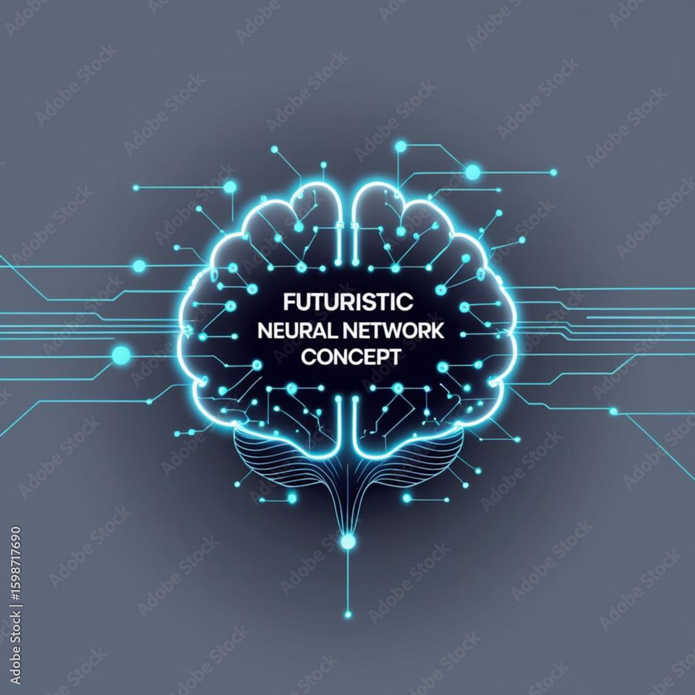 Poster glowing cerebral structure with interconnected nodes and lines representing neural network technolog