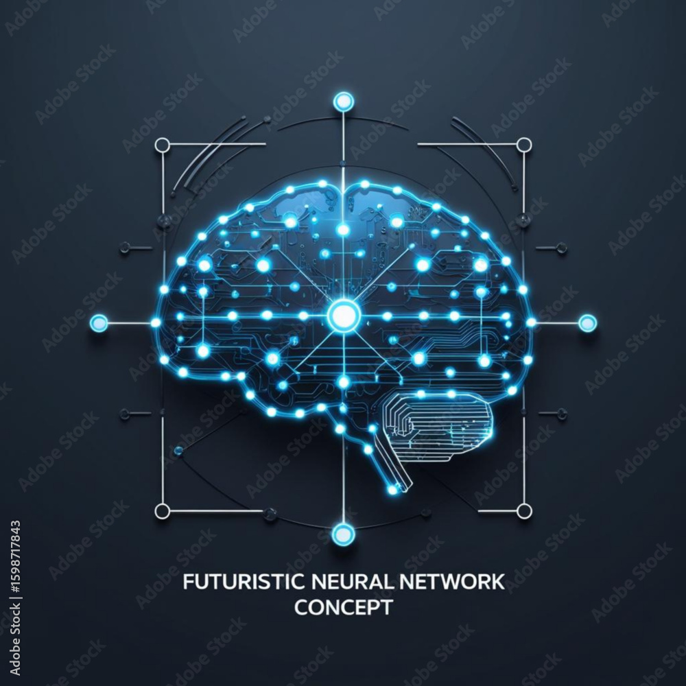 Poster illuminated cerebral structure with interconnected nodes and lines representing neural network techn