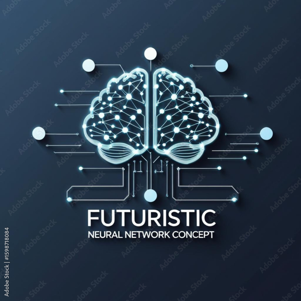 Poster glowing brain with connected nodes and lines representing neural network on a flat surface design co