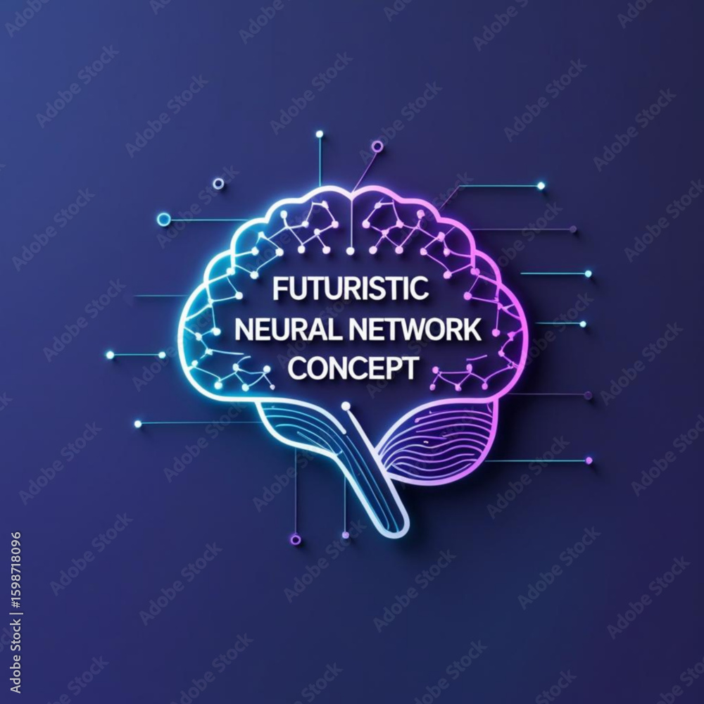 Poster glowing brain illustration depicting a futuristic neural network with interconnected nodes and lines