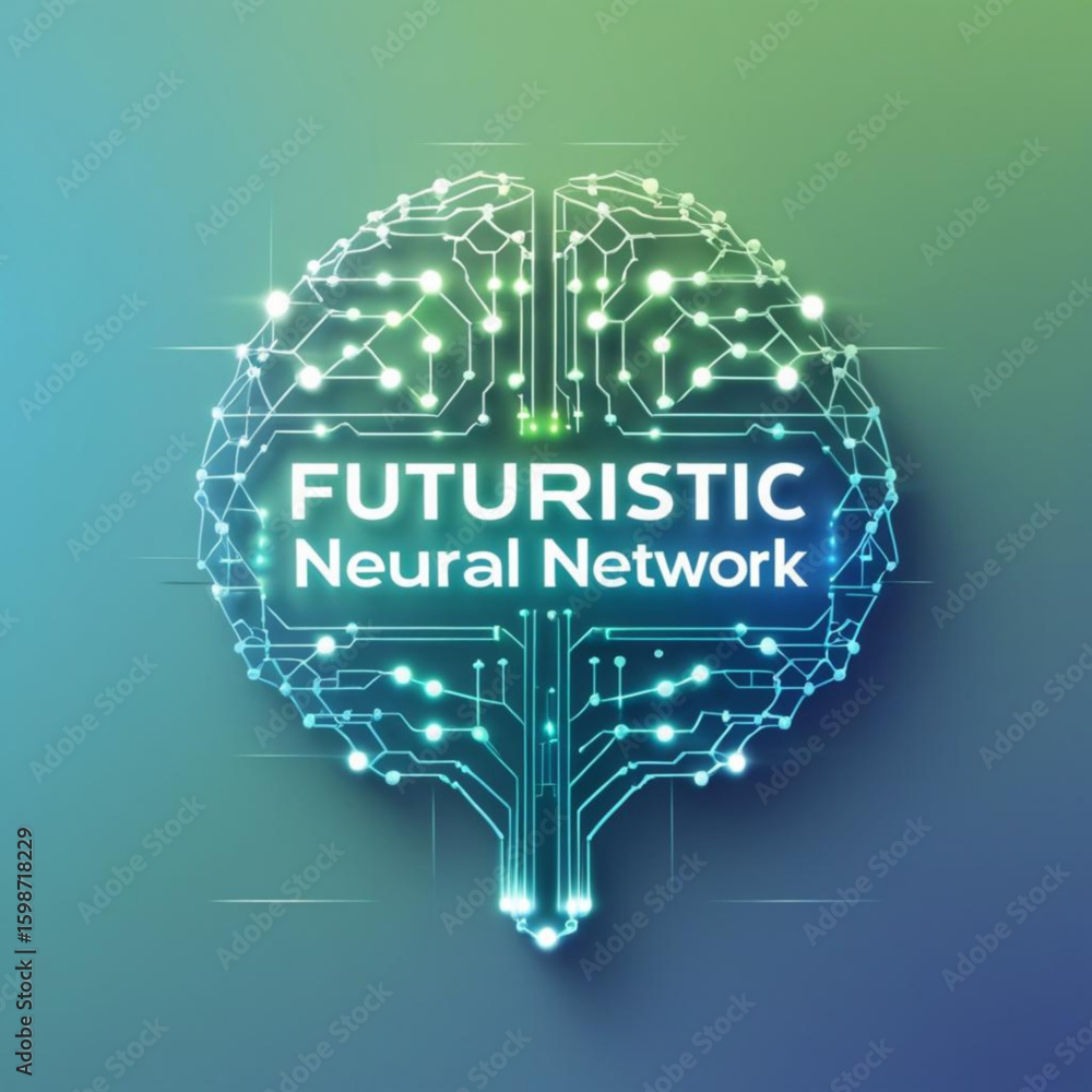 Poster illuminated schematic of a brain with glowing nodes and lines on a gradient teal and blue surface