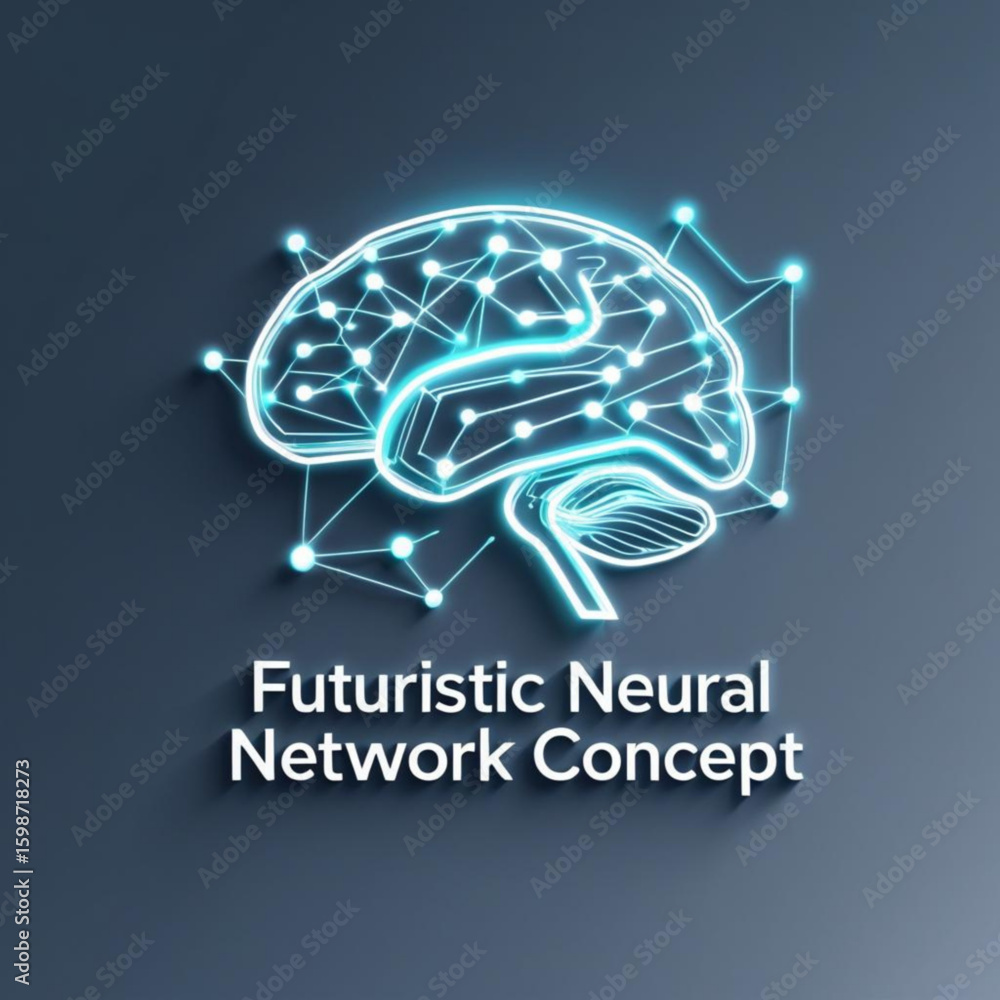 Poster glowing human brain representation with connected nodes and lines on a solid color surface concept d