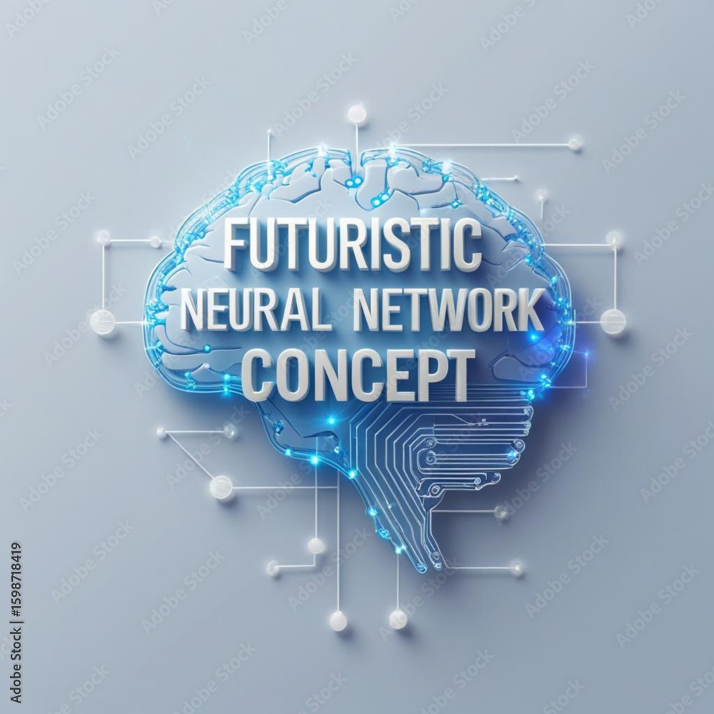 Poster illustration of a brain shaped network with interconnected nodes and futuristic circuit pathways des