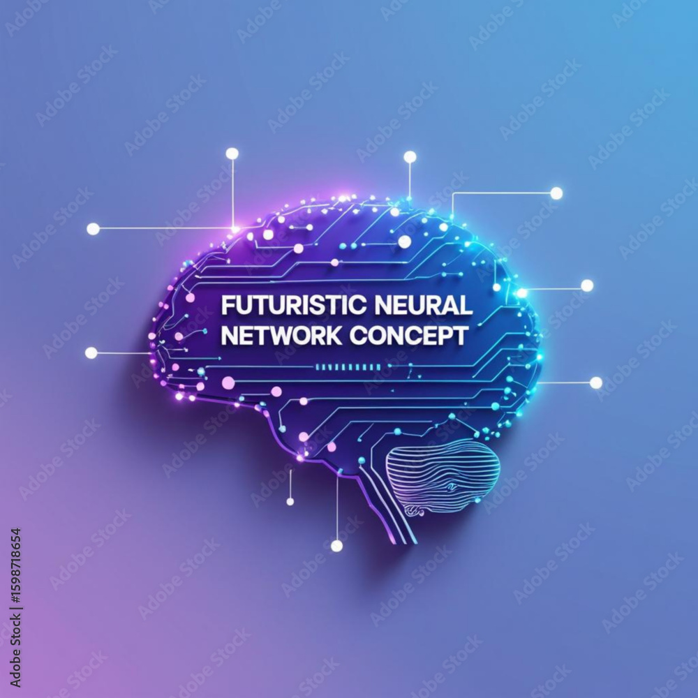 Poster stylized representation of a brain with glowing nodes and connections on a gradient colored surface
