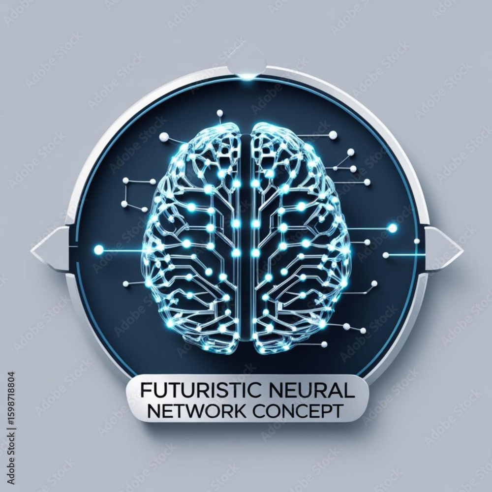 Poster illumination of human brain with neural connections inside of circular frame on gray surface design 