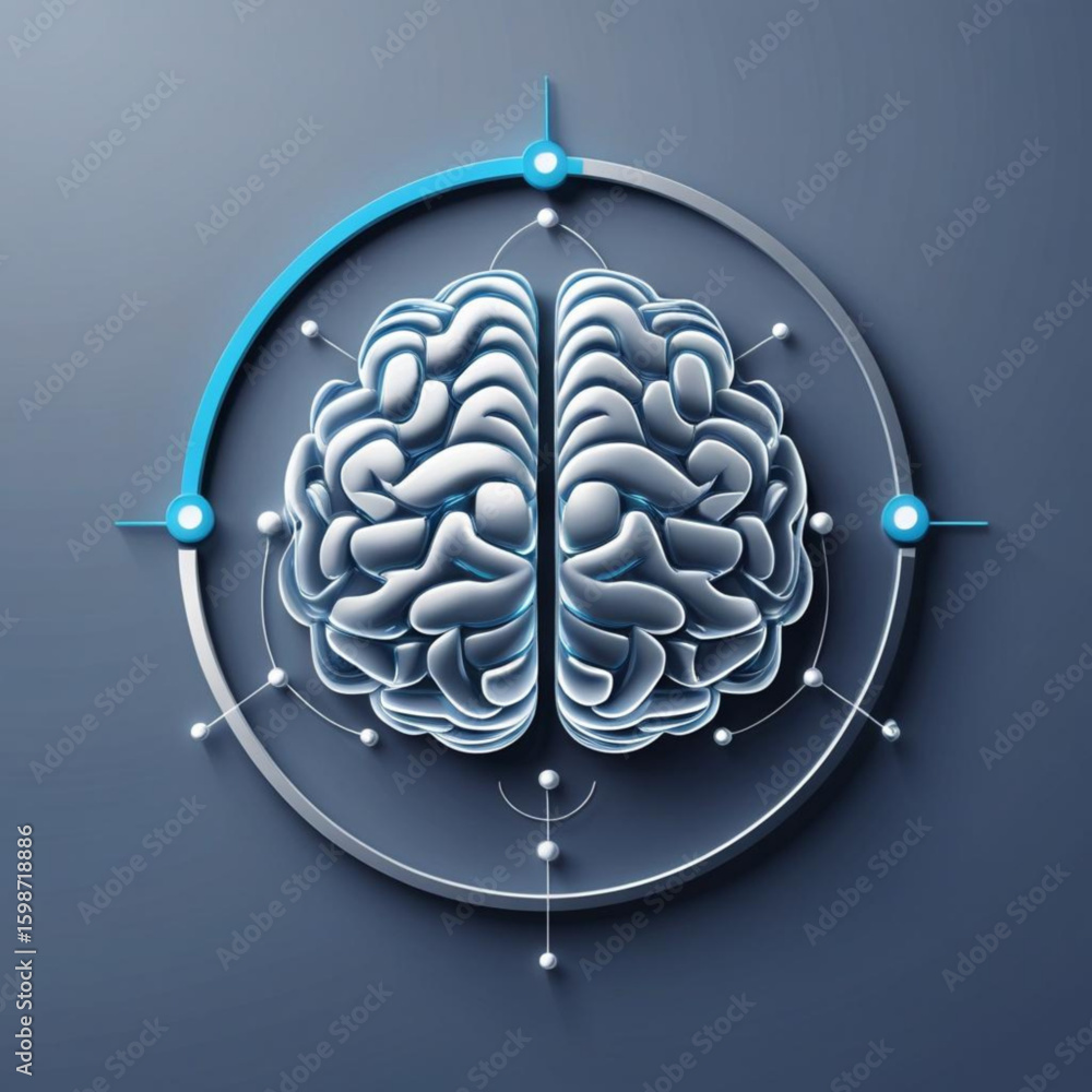 Poster stylized human brain illustration encircled by a segmented ring with connection points design elemen