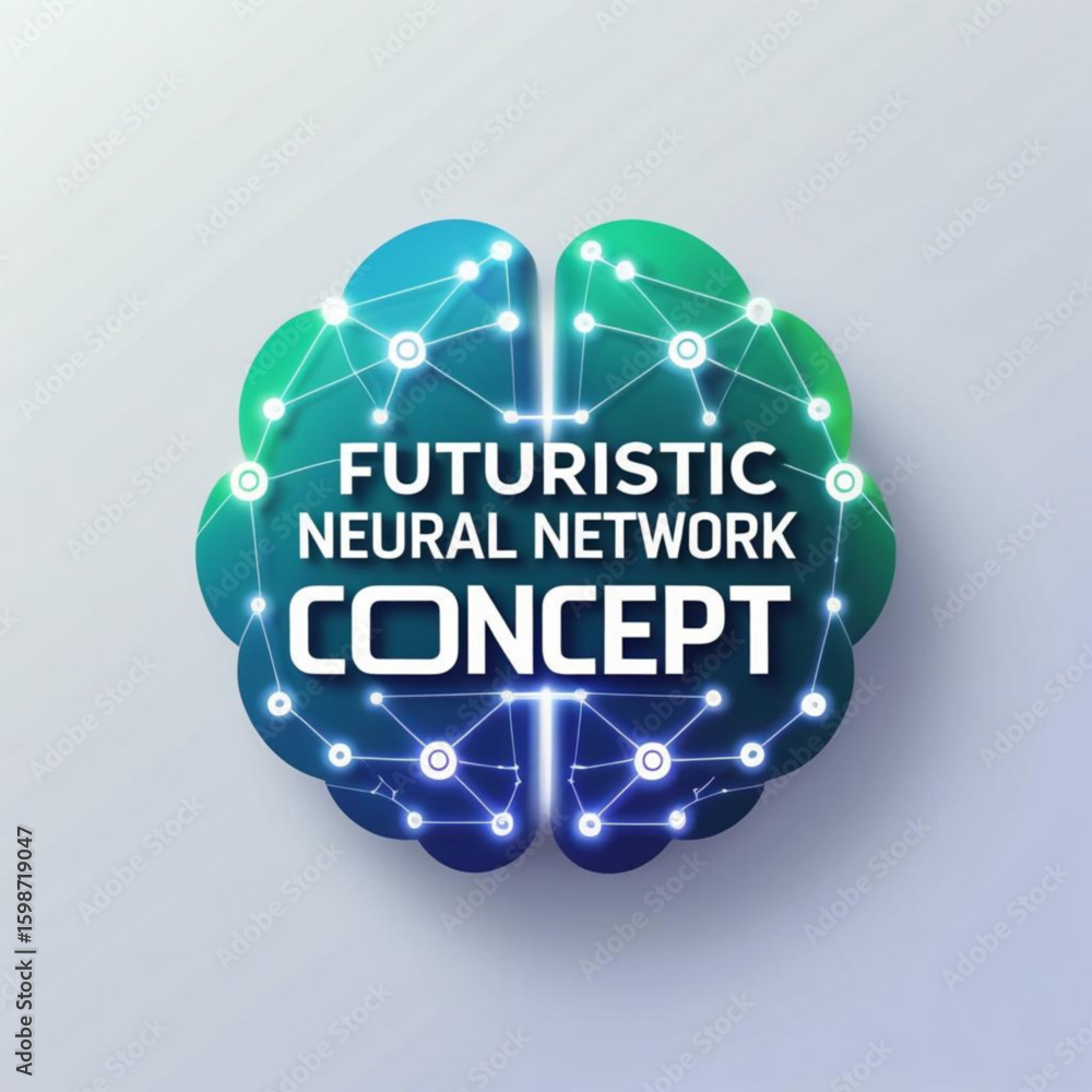 Poster illustration of a neural network with glowing nodes and connections forming a brain shape design con