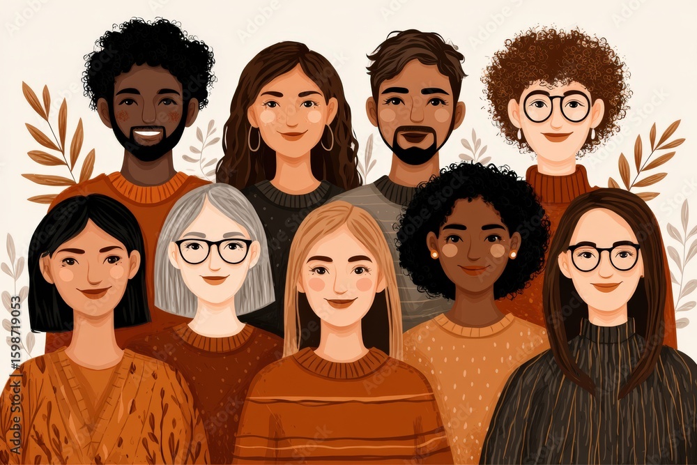 Poster diverse group of friends showcasing unity and connection through shared expressions captured in warm