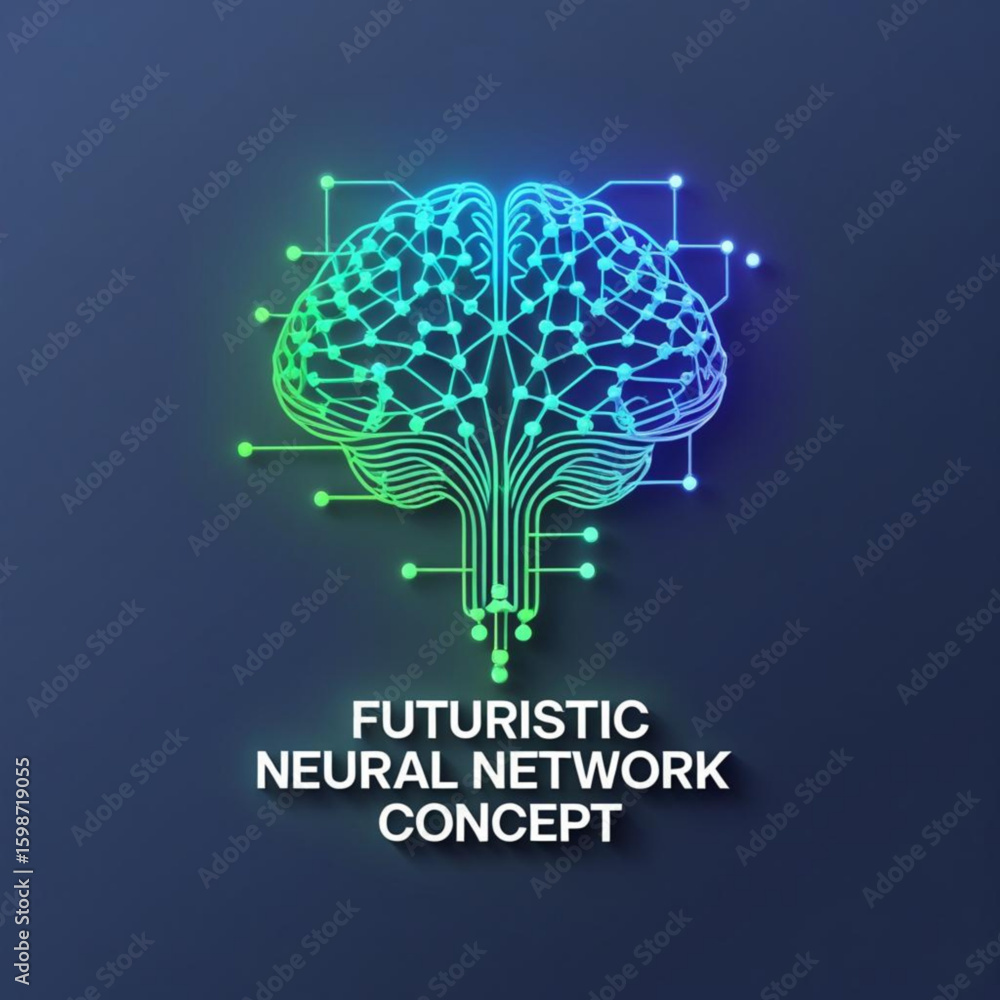 Poster glowing representation of a neural network with connected nodes and lines on a gradient colored surf