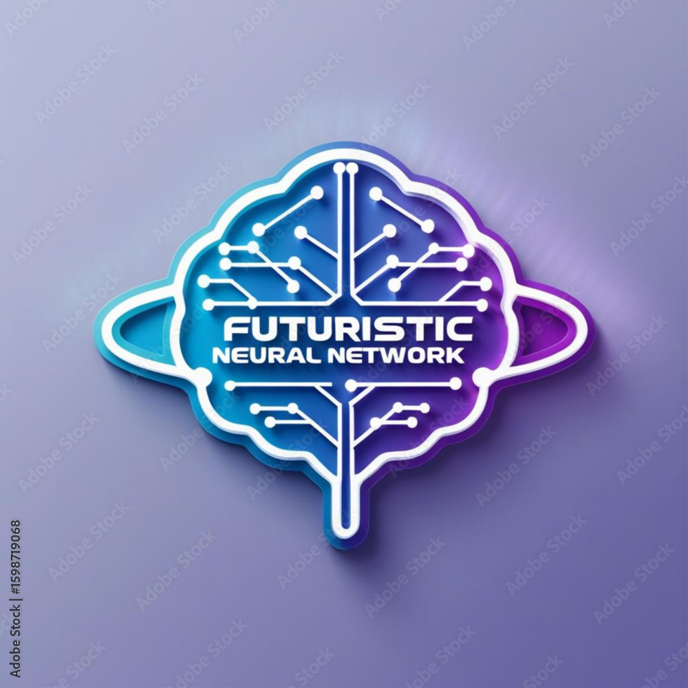 Poster illustration of a stylized brain with neural network connections and gradient color design elements