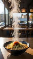 Steaming Bowl of Ramen Noodles with Rising Vapor
