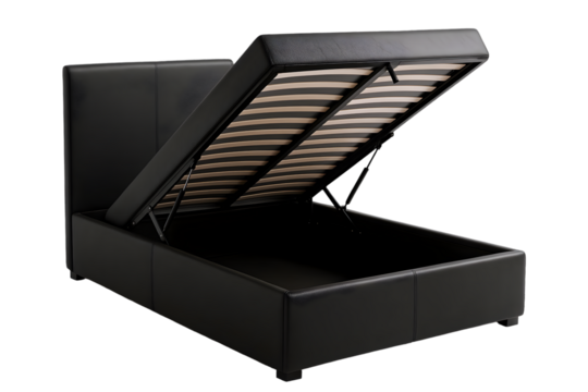 Modern black leather bed frame with an open storage compartment for versatile bedroom organization.