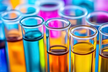 Chemical research in the laboratory - test tubes with colored reagents close up