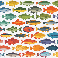 Seamless pattern of colorful freshwater fish in a variety of species