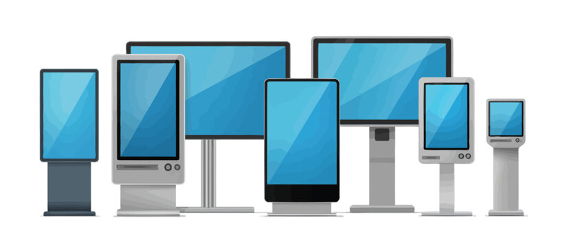 Collection of various digital signage displays and kiosks in different sizes