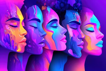 Fototapeta premium Vibrant portrait collection depicting diverse human expressions illuminated by dynamic lighting and abstract patterns illustrating intersectionality in emotional connection and identity