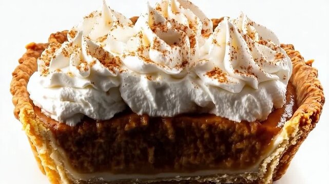 Slice of pie with whipped cream on top. The pie is cut in half and the whipped cream is spread evenly over the top