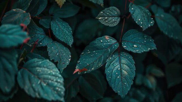 A detailed view of leaves with water droplets glistening on their surface, ideal for use in environmental or nature-themed designs
