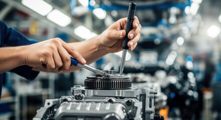 Closeup of hands adjusting components on automobile assembly line.