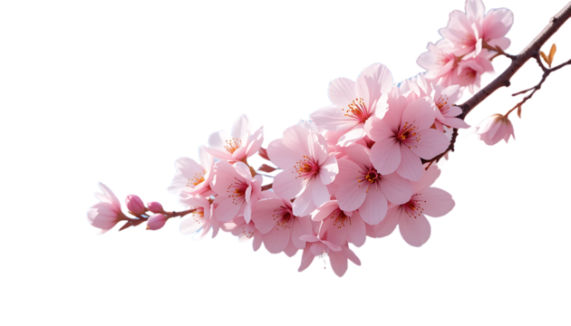 A delicate branch of pink cherry blossoms is isolated on transparent background, capturing the essence of spring and floral beauty