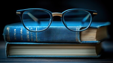 Eyeglasses rest on a stack of vintage blue hardcover books on a dark wooden surface.