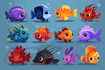 Fototapeta premium Colorful Cartoon Fish Characters for Underwater Themes