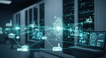 Network security visualization illustrating safe data transmission in supply chains.
