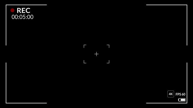 Video Camera Recording Screen Overlay with Red Flash, Timer, Alpha Channel Interface, Transparent Background, 4K FPS 60