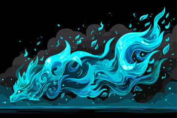 Mystical Blue Fox Illustration with Flowing Water and Leaves