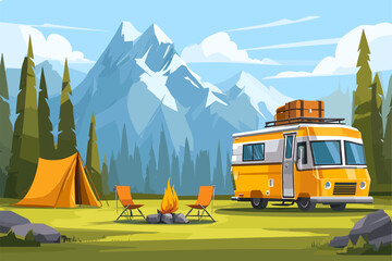 Colorful Camping Scene with Retro RV and Mountains