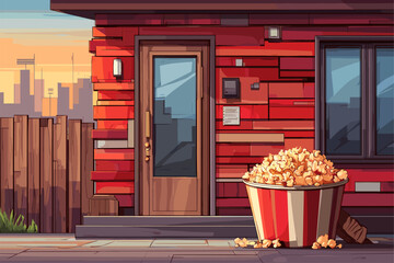 Charming Popcorn Bucket Outside a Modern Home at Sunset