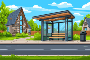 Colorful Urban Scene with a Modern Bus Stop and Cozy Houses