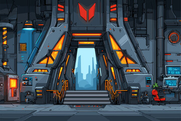 Futuristic Sci-Fi Entrance with Neon Accents and Industrial Design