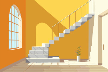 Stylish Modern Staircase in Bright Interior Environment with Yellow Wall