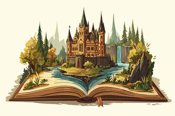 Whimsical Castle Emerging from an Open Book with Scenic Landscape
