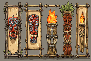 Colorful Tribal Masks and Torches in a Bamboo Frame Design