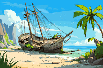 Colorful Illustration of a Shipwreck on a Tropical Beach